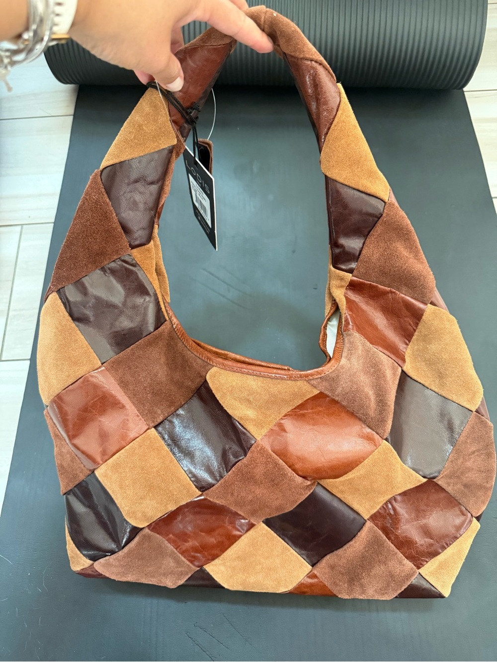 NWT Lodis Patch work Suede & Leather Hobo Bag in Brown